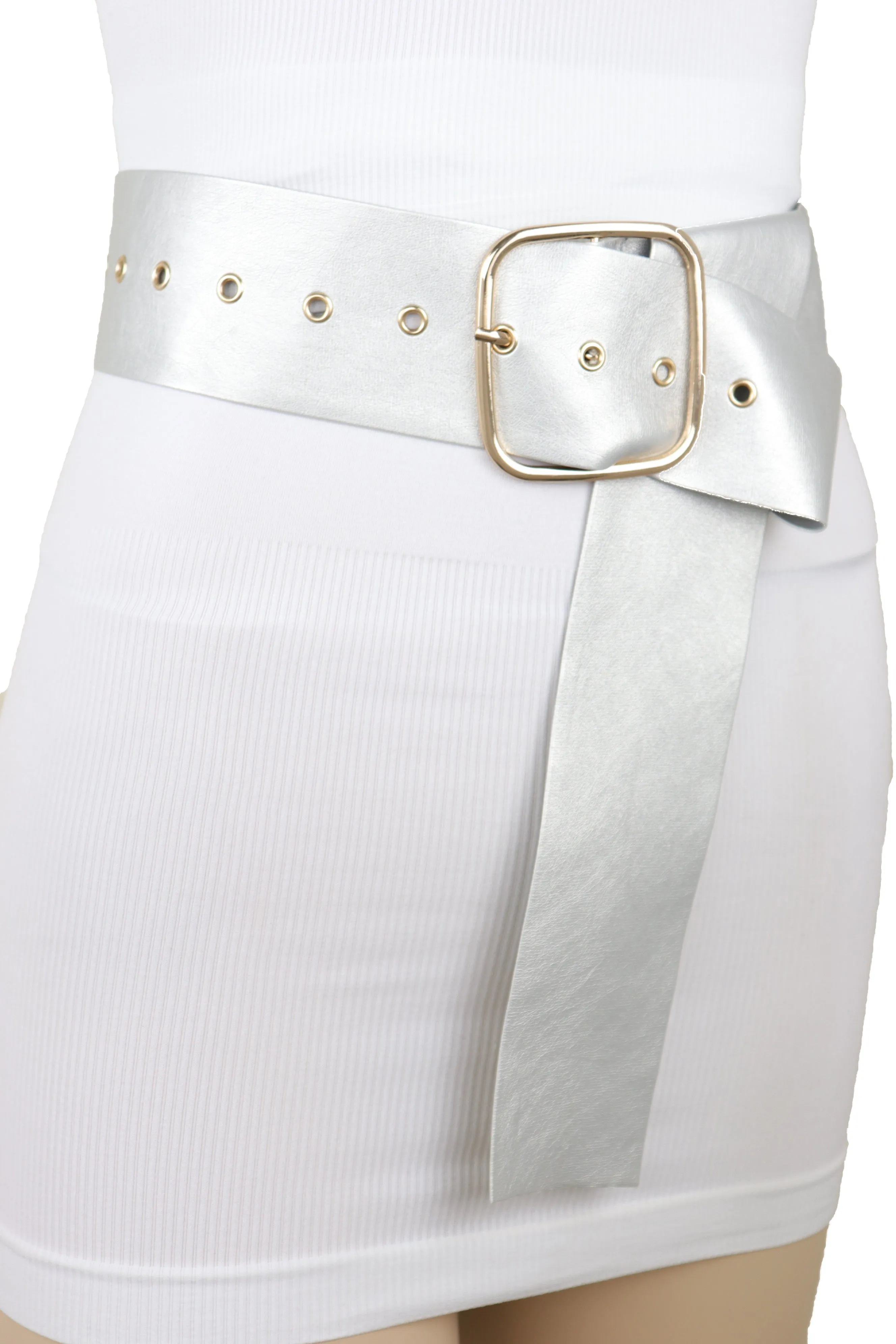 Metallic Silver Extra Long Faux Leather Wide Waistband Fashion Belt XS S
