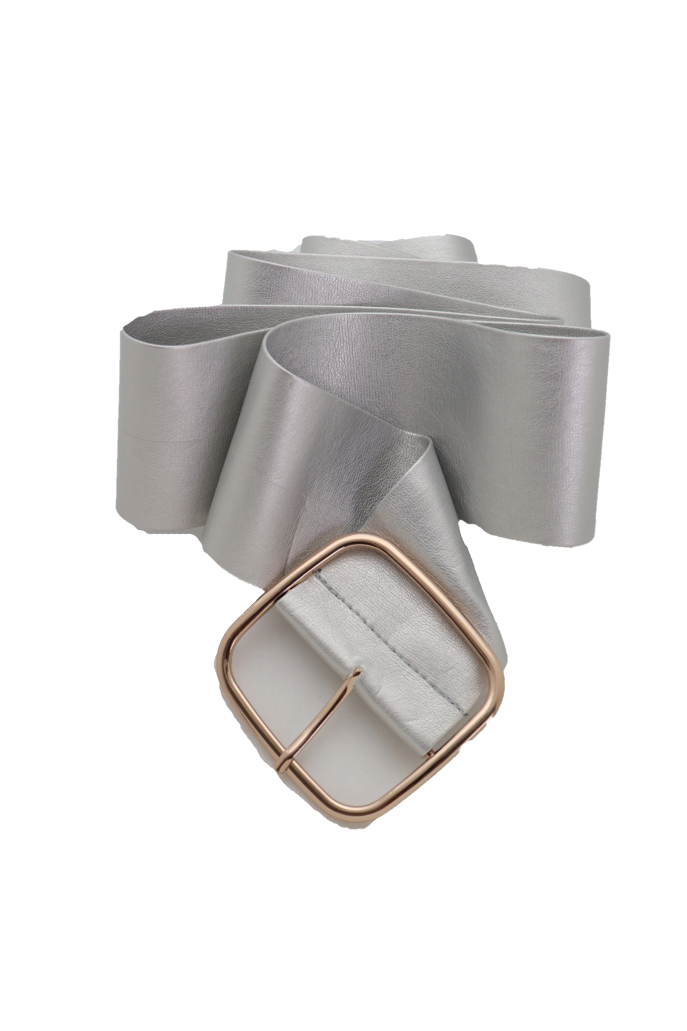 Metallic Silver Extra Long Faux Leather Wide Waistband Fashion Belt XS S
