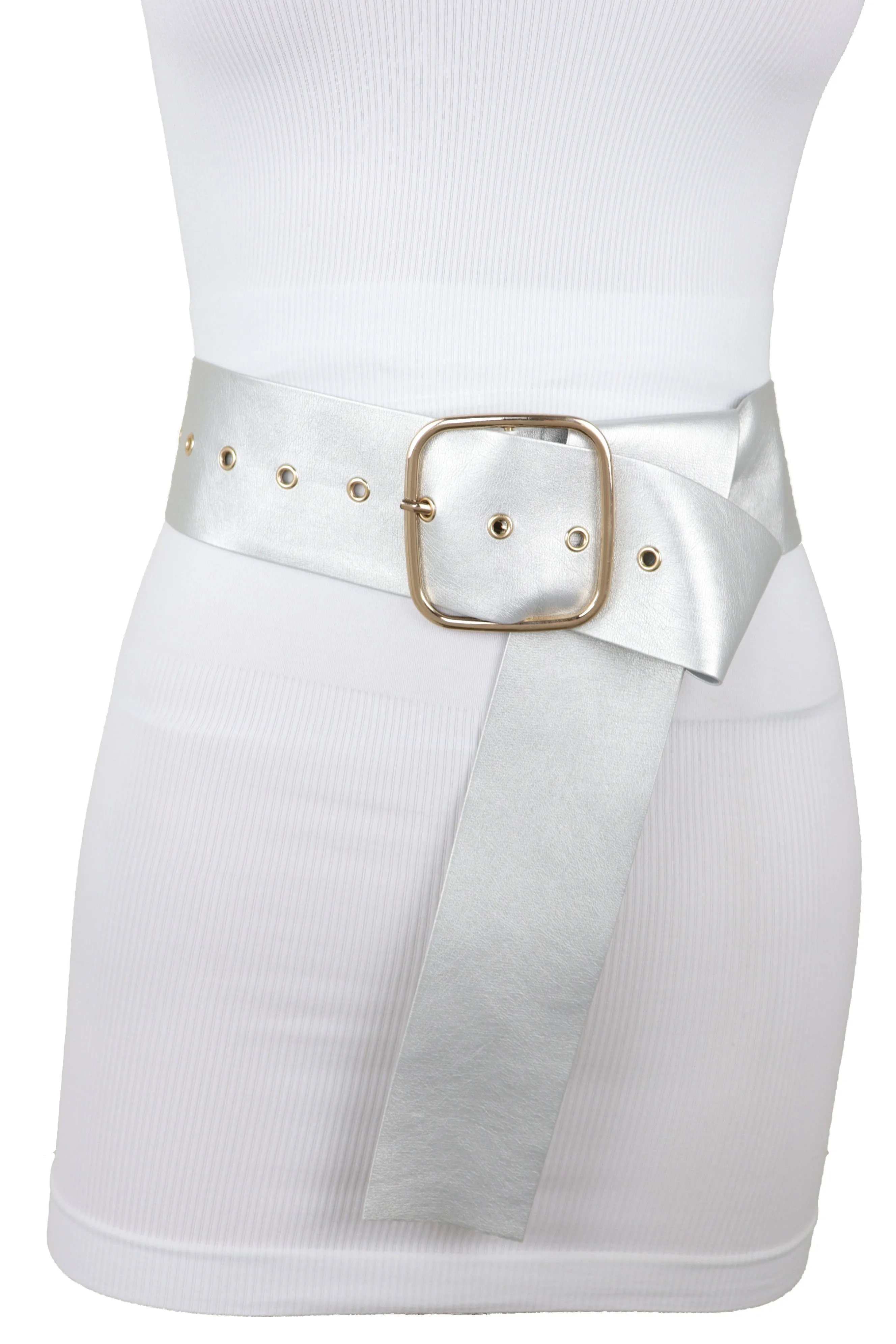 Metallic Silver Extra Long Faux Leather Wide Waistband Fashion Belt XS S