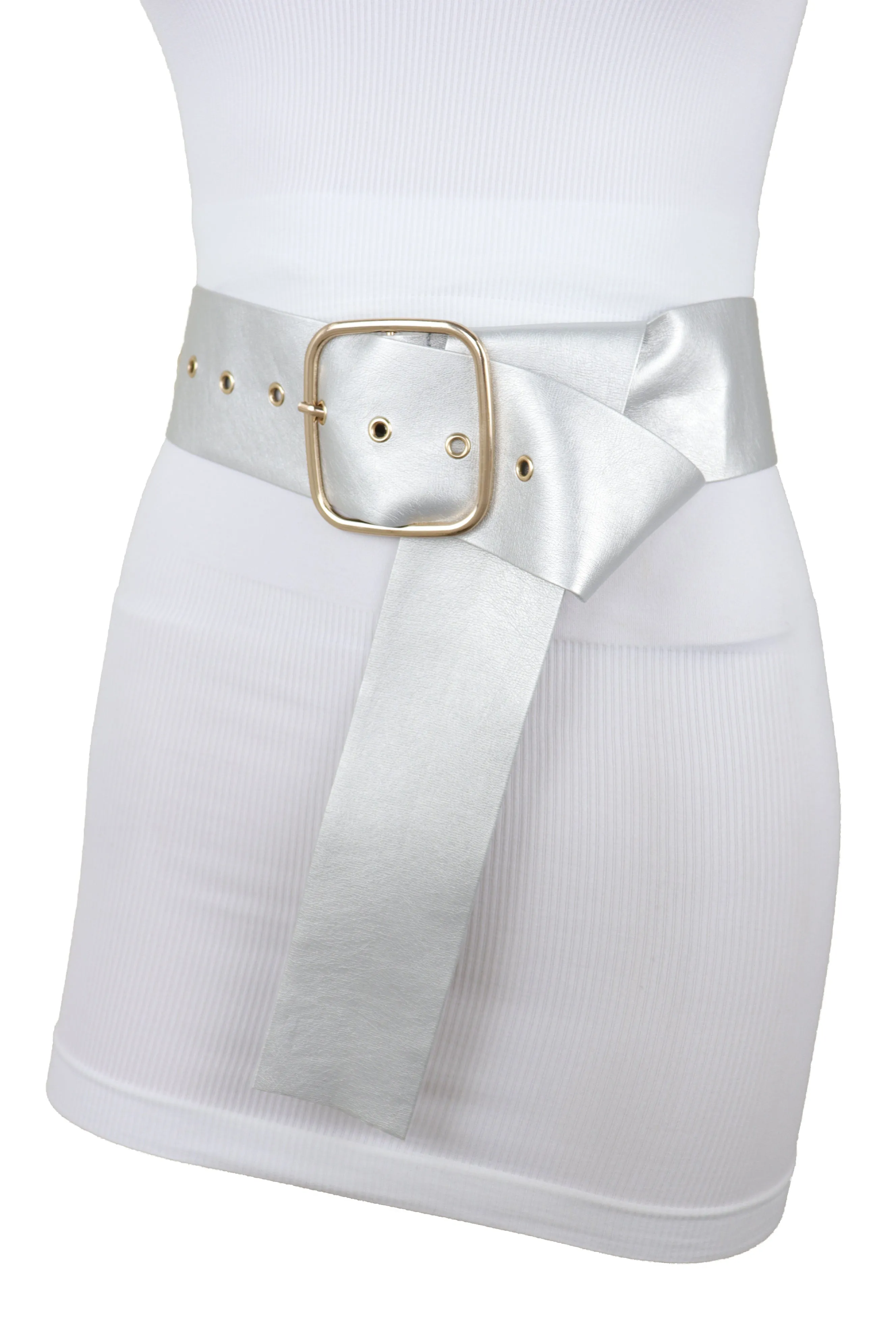 Metallic Silver Extra Long Faux Leather Wide Waistband Fashion Belt XS S