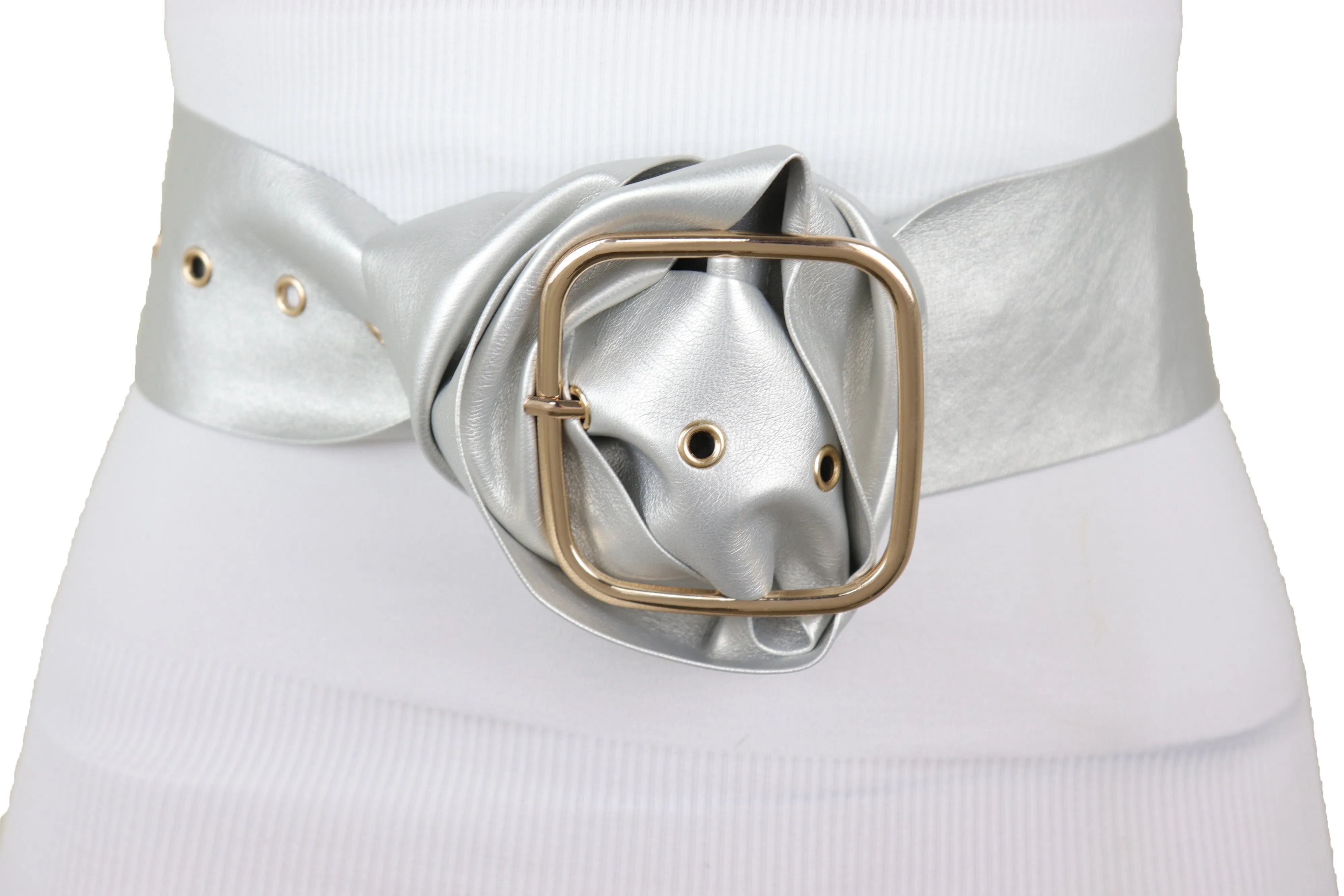 Metallic Silver Extra Long Faux Leather Wide Waistband Fashion Belt XS S
