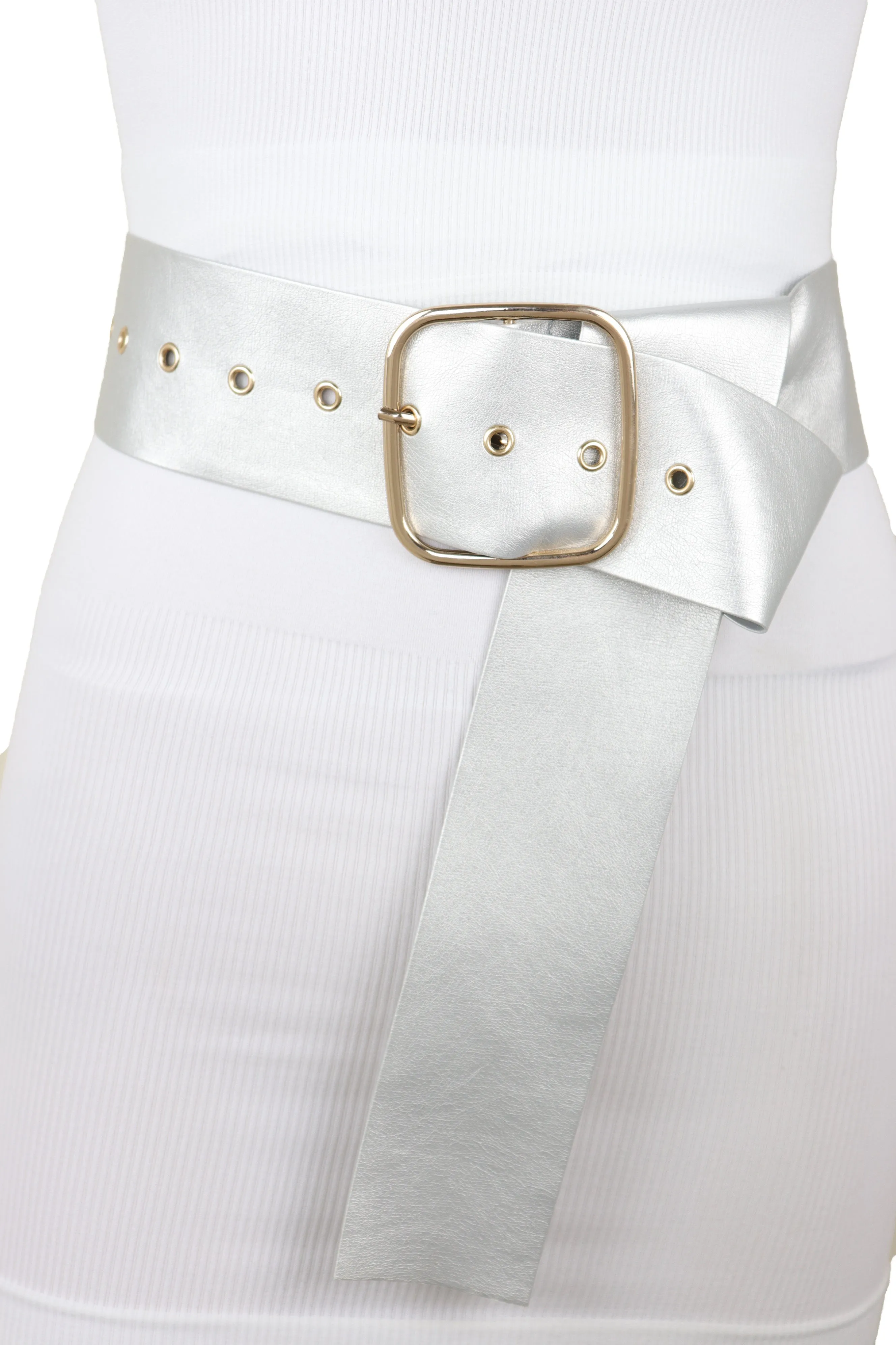 Metallic Silver Extra Long Faux Leather Wide Waistband Fashion Belt XS S