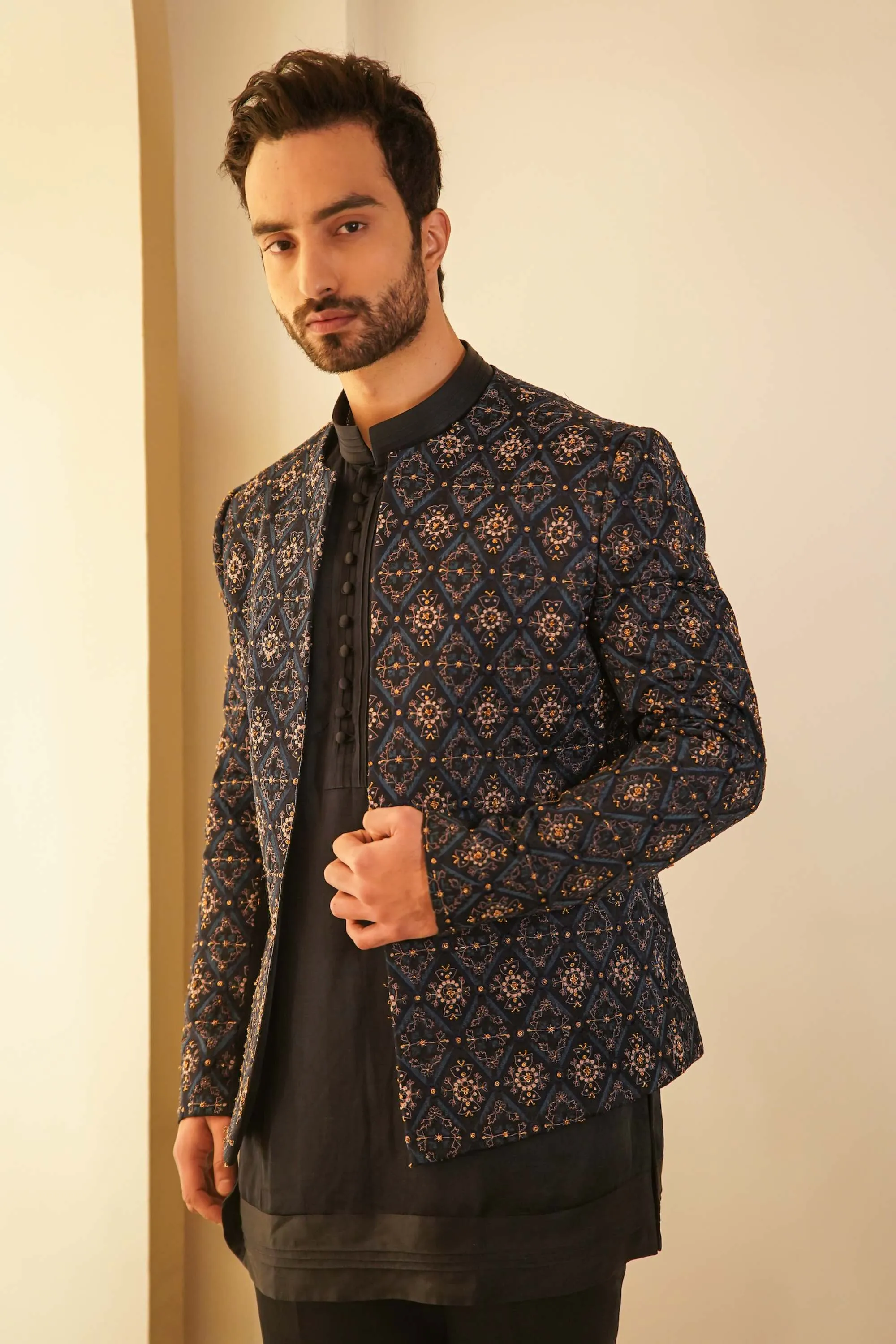 Midnight Blue Short Jacket With Kurta And Trouser