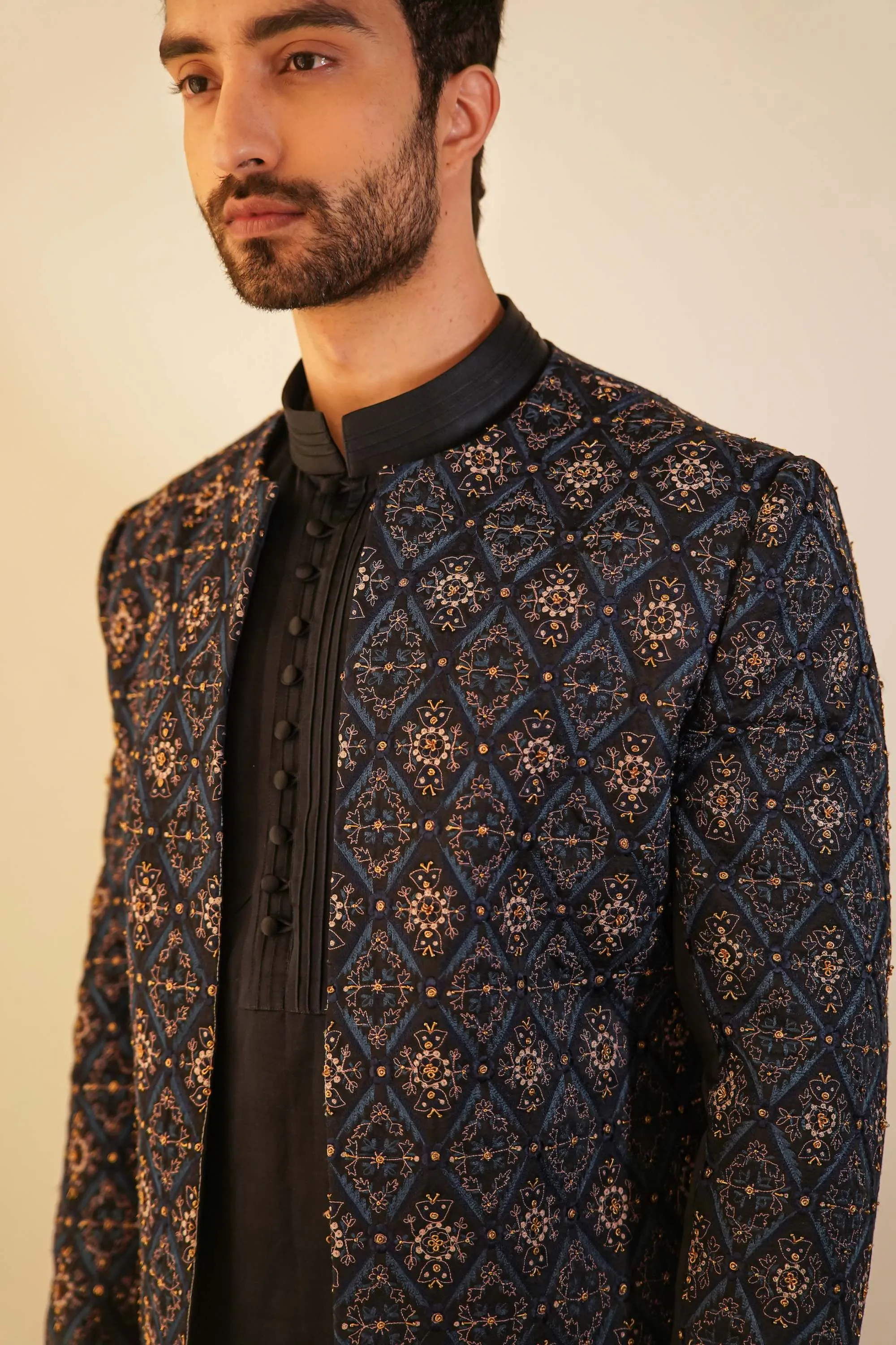 Midnight Blue Short Jacket With Kurta And Trouser