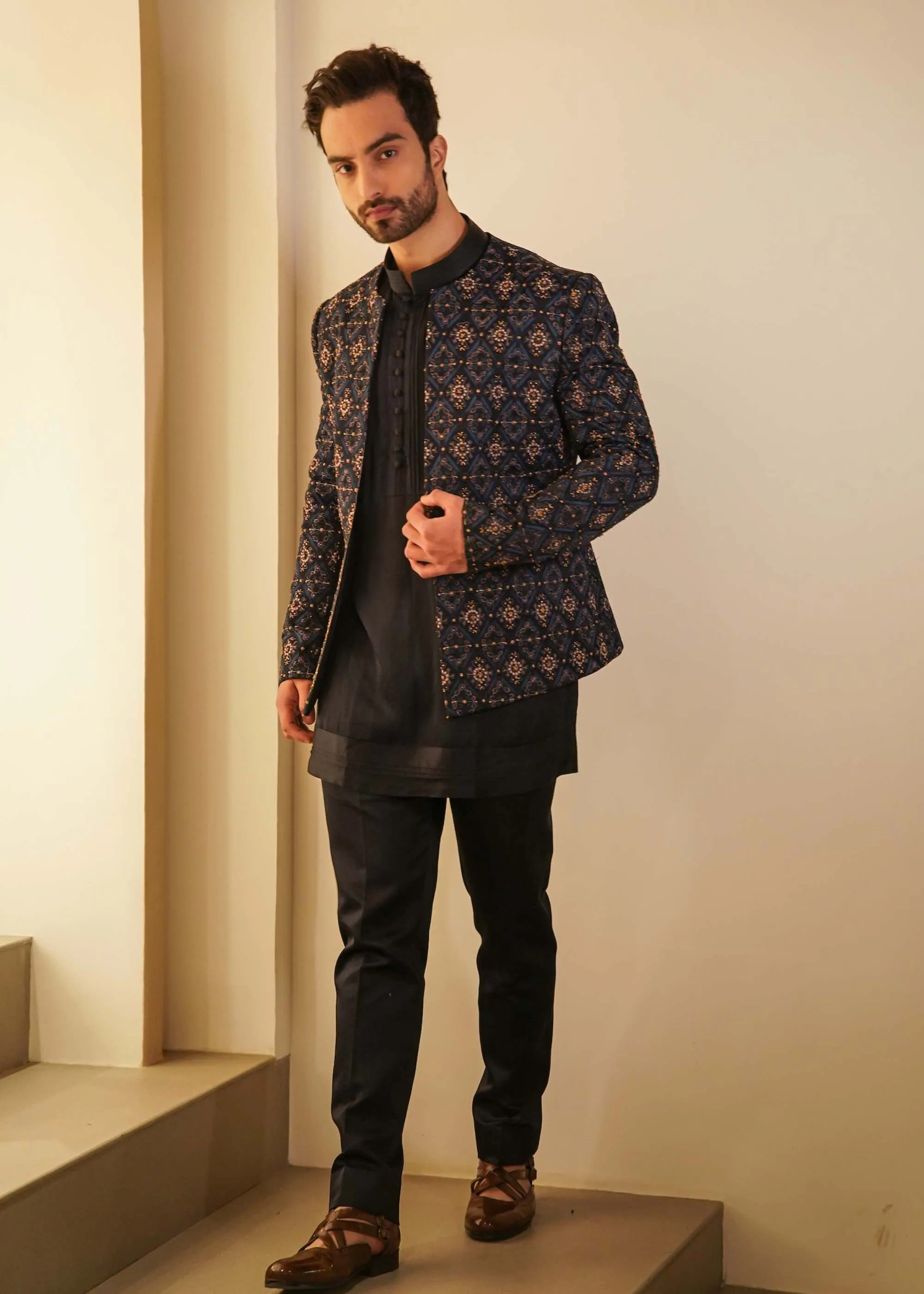 Midnight Blue Short Jacket With Kurta And Trouser