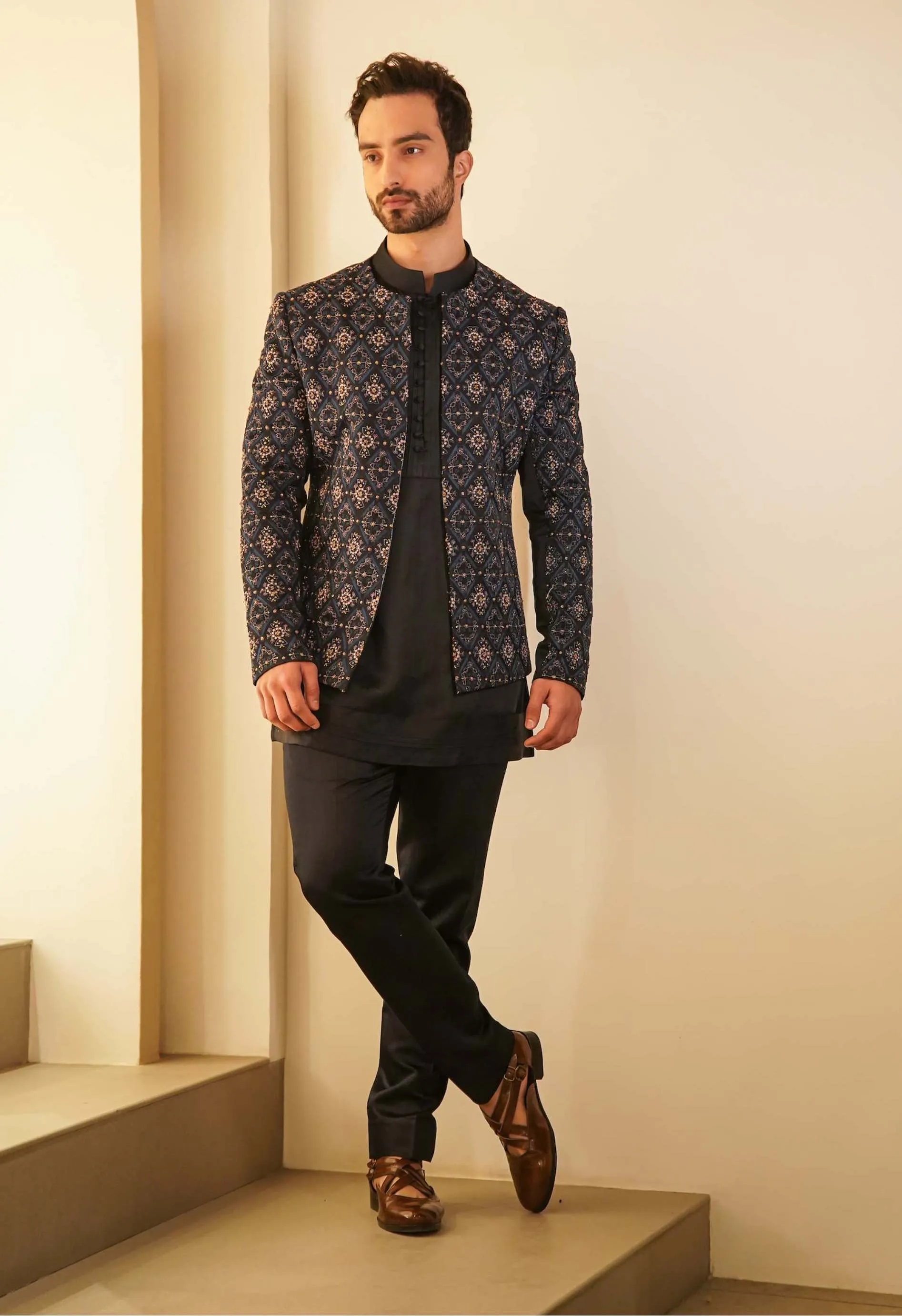 Midnight Blue Short Jacket With Kurta And Trouser