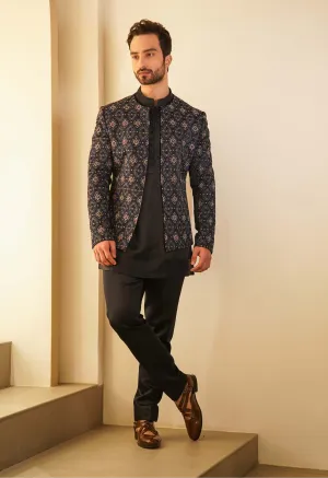 Midnight Blue Short Jacket With Kurta And Trouser