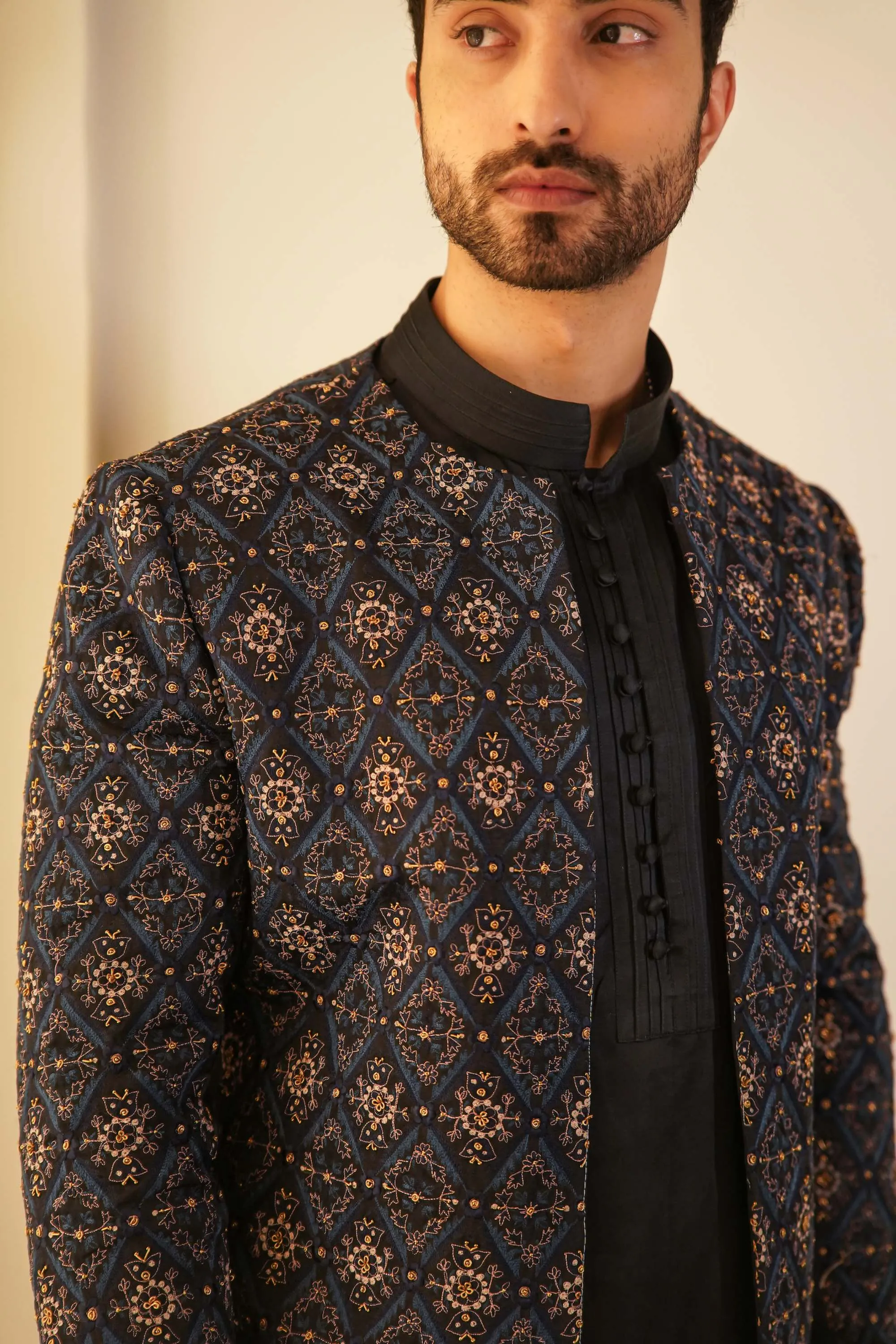 Midnight Blue Short Jacket With Kurta And Trouser
