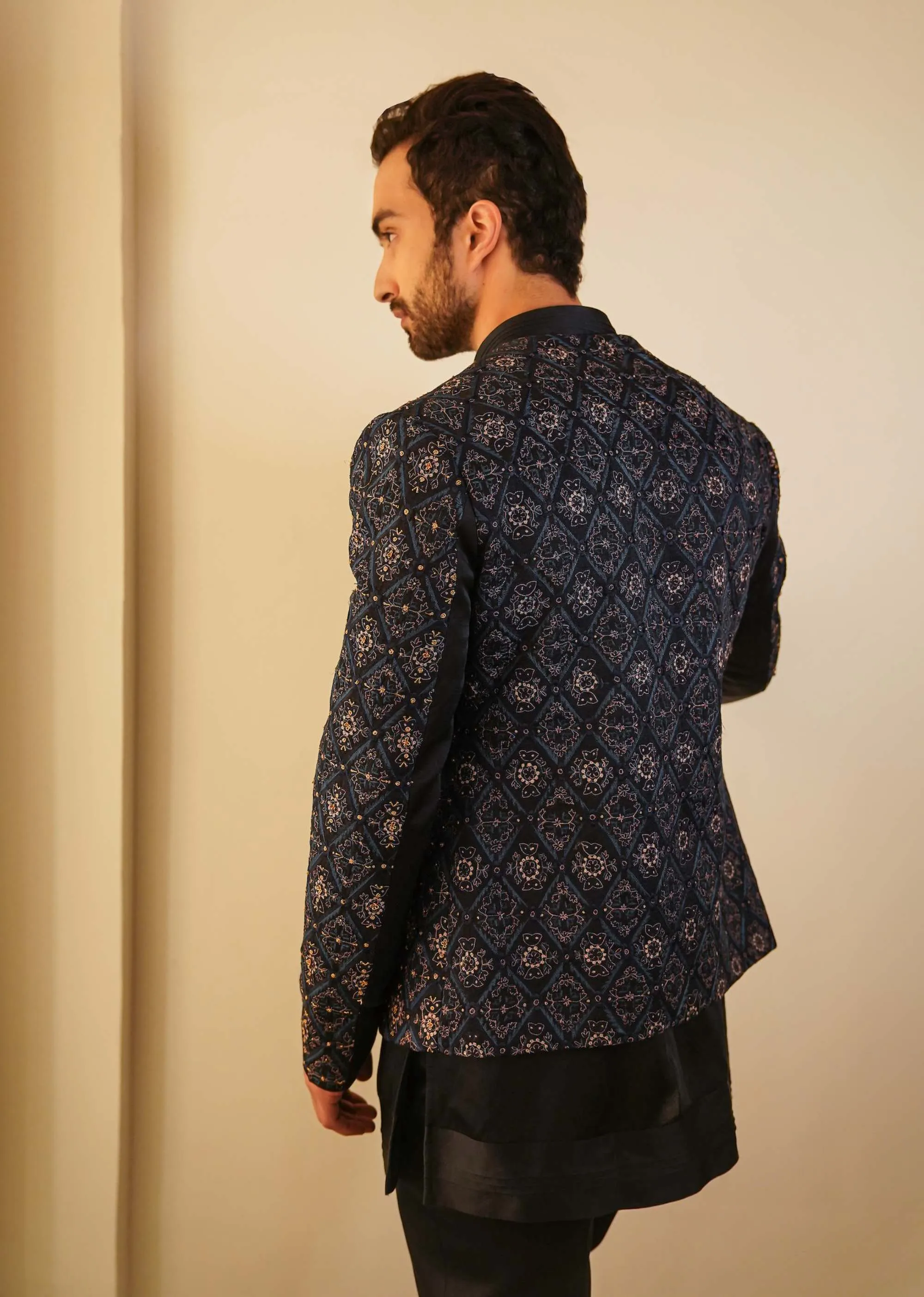 Midnight Blue Short Jacket With Kurta And Trouser