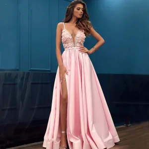 Modest Pink Illusion Stain Prom Dresses Long Lace Applique 3D Flowers High Split Evening Dresses