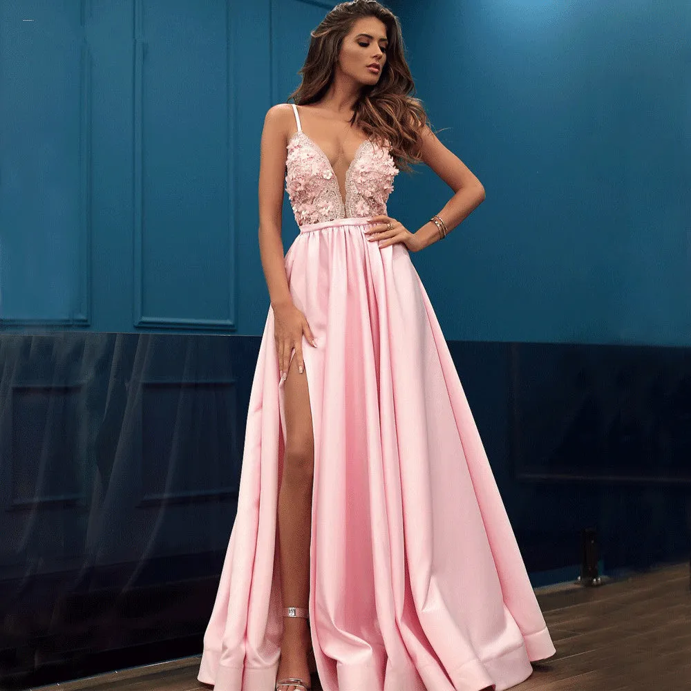 Modest Pink Illusion Stain Prom Dresses Long Lace Applique 3D Flowers High Split Evening Dresses