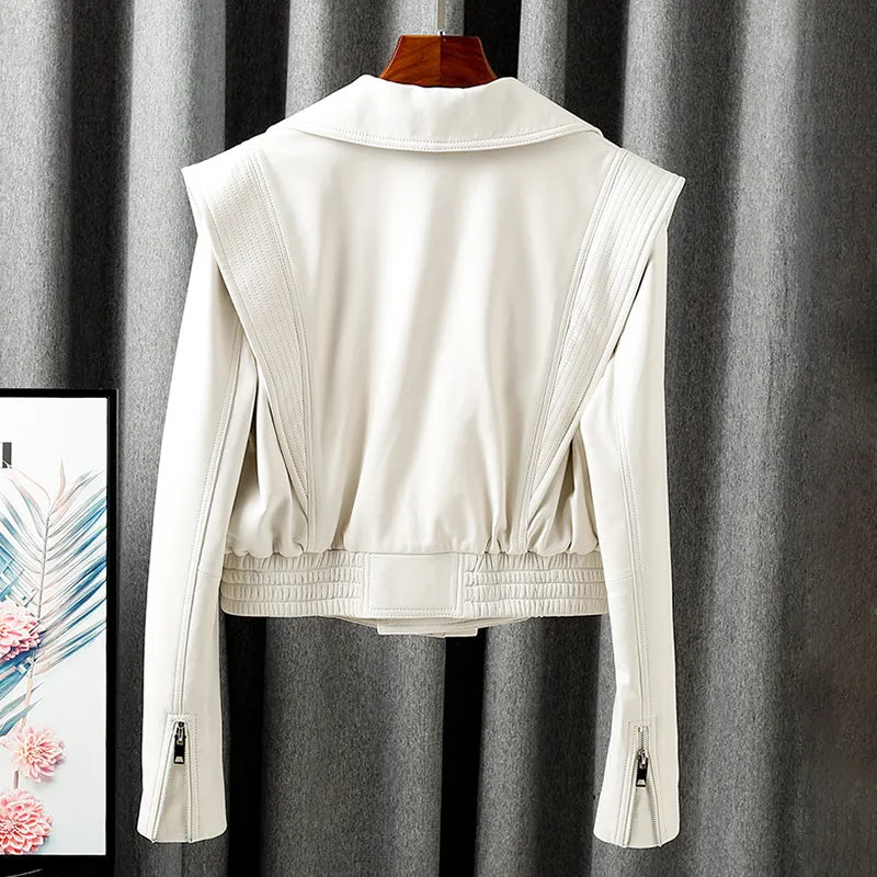 New Arrivals Genuine Leather Jackets 2022 Sheepskin Bomber Jackets Lady Short Jacket Black White Motorcycle CL4154