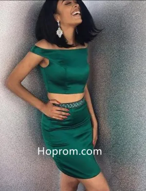 Off Shoulder Two Piece Dark Green Homecoming Dress