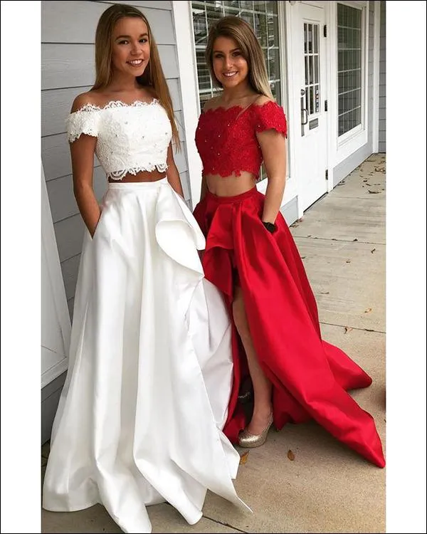 Off the Shoulder Red Prom Dresses Lace Stain Two Piece Evening Dresses Prom