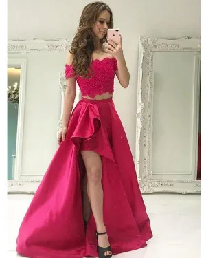 Off the Shoulder Red Prom Dresses Lace Stain Two Piece Evening Dresses Prom