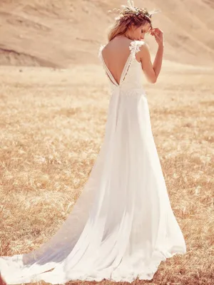 Open Back Chiffon Boho Wedding Dress with Lace Bodice