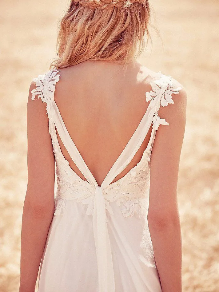 Open Back Chiffon Boho Wedding Dress with Lace Bodice