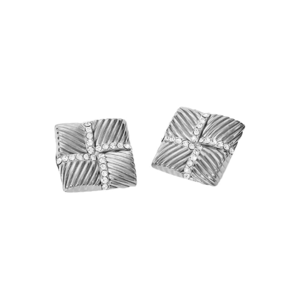 Pave Accented Ridged Square On The Ear Stud Earring