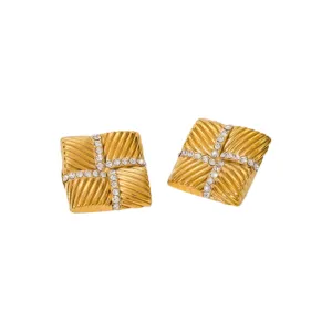 Pave Accented Ridged Square On The Ear Stud Earring