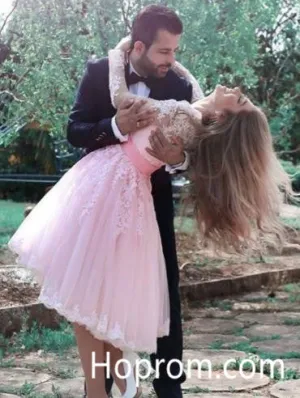 Pink Appliques Homecoming Dress, Long Sleeve Homecoming Dress