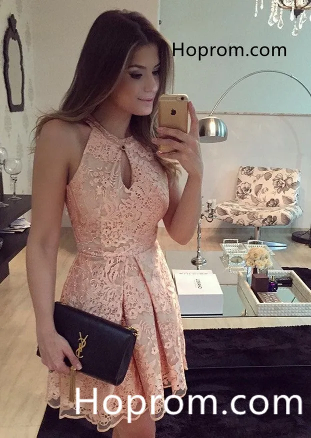 Pink Jewel Short Sleeveless A-Line Keyhole Lace Homecoming Dress