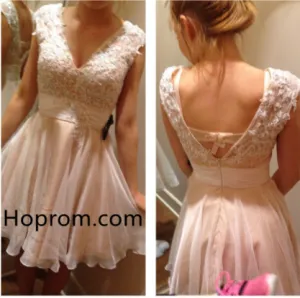 Pink Open Back Homecoming Dress, Lace Chiffon Homecoming Dress