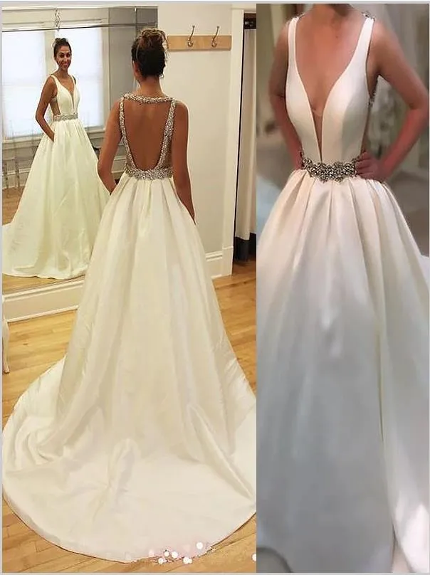 Princess Satin V-neck Backless Wedding Dresses Court Train Dresses With Beading