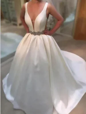 Princess Satin V-neck Backless Wedding Dresses Court Train Dresses With Beading