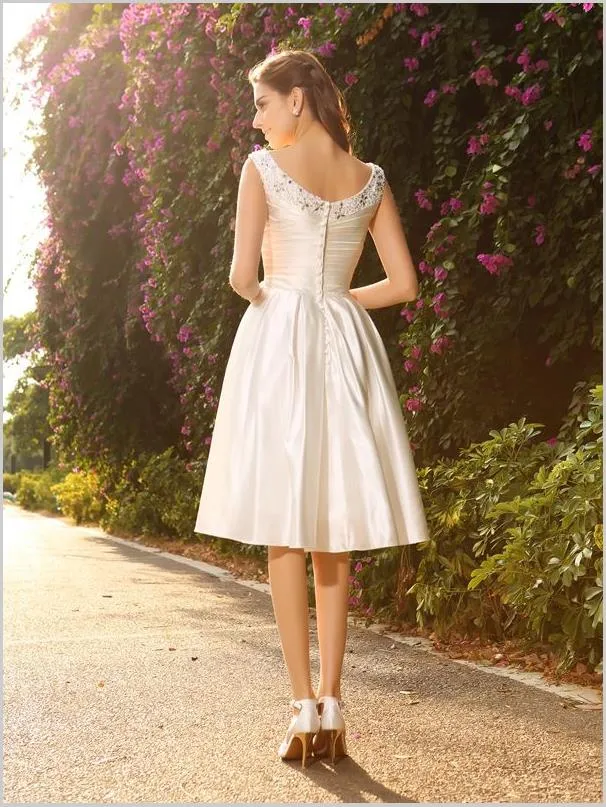 Princess Satin V-neck Sleeveless Short Wedding Dresses With Beading