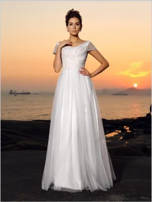 Princess Tulle Short Sleeves Off Shoulder Wedding Dresses With Beading