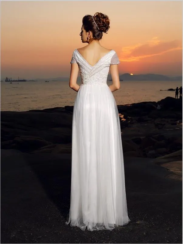 Princess Tulle Short Sleeves Off Shoulder Wedding Dresses With Beading