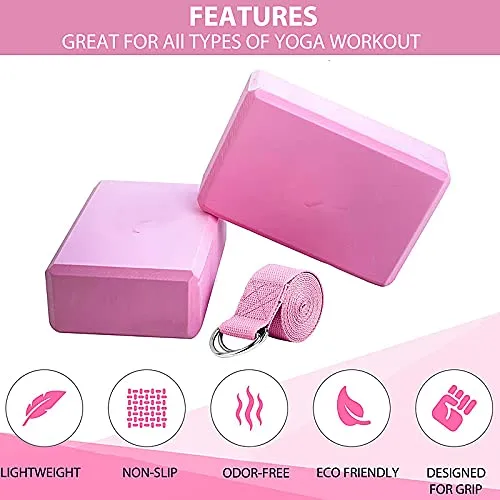 Proberos®Yoga Blocks Set of 2 and Belt- 10×8×5.6 High Density EVA Foam Yoga Bricks with Yoga Strap Superior Traction and Moisture-Proof Ideal for Flexibility Stretching Yoga and Pilates