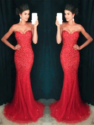 Red Strapless Long Mermaid Prom Dresses, Red Mermaid Graduation Dresses, Formal Dresses