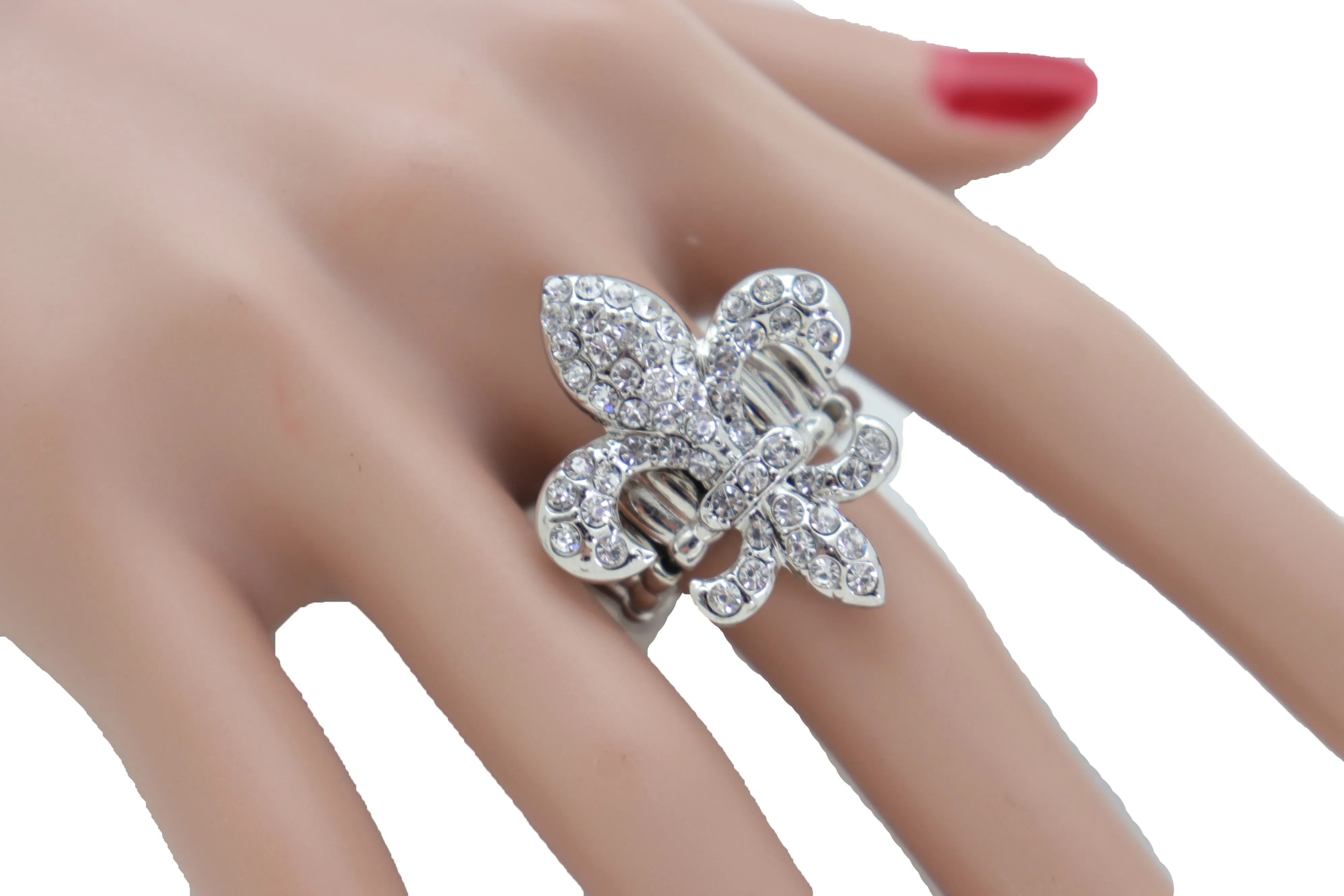 Rhinestone Fleur De Lis Lily Flower Elastic Band Ring
