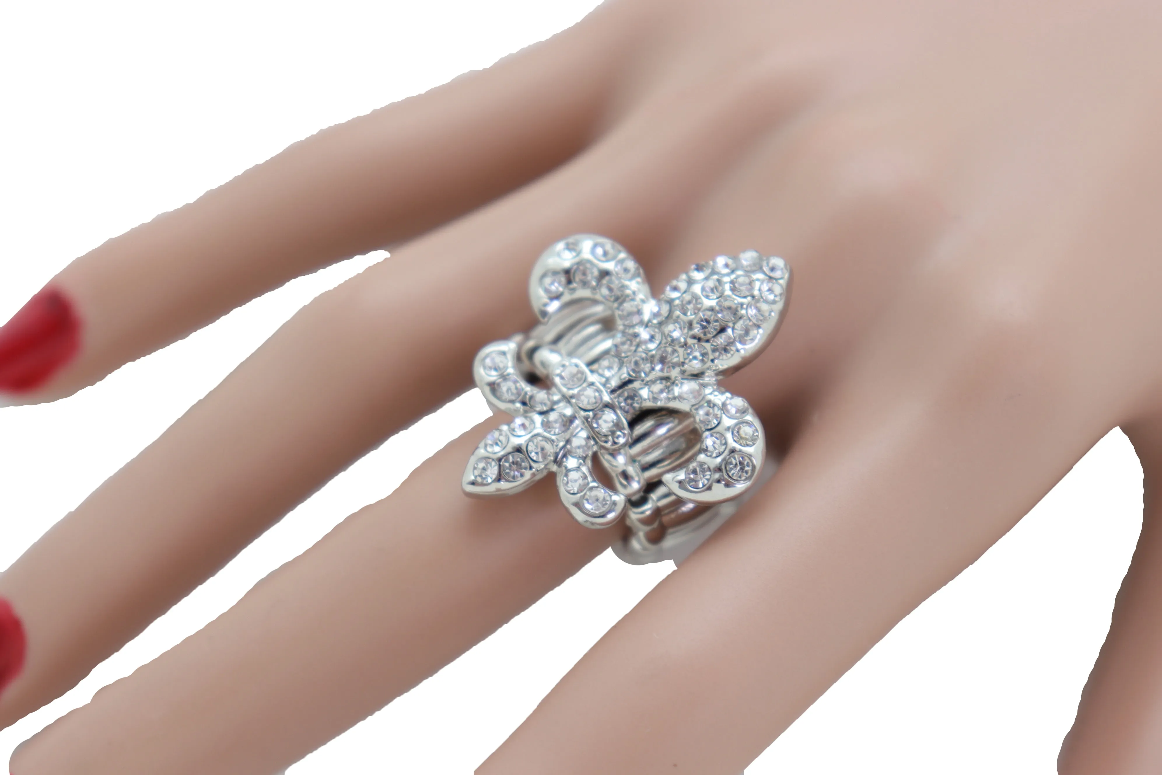 Rhinestone Fleur De Lis Lily Flower Elastic Band Ring