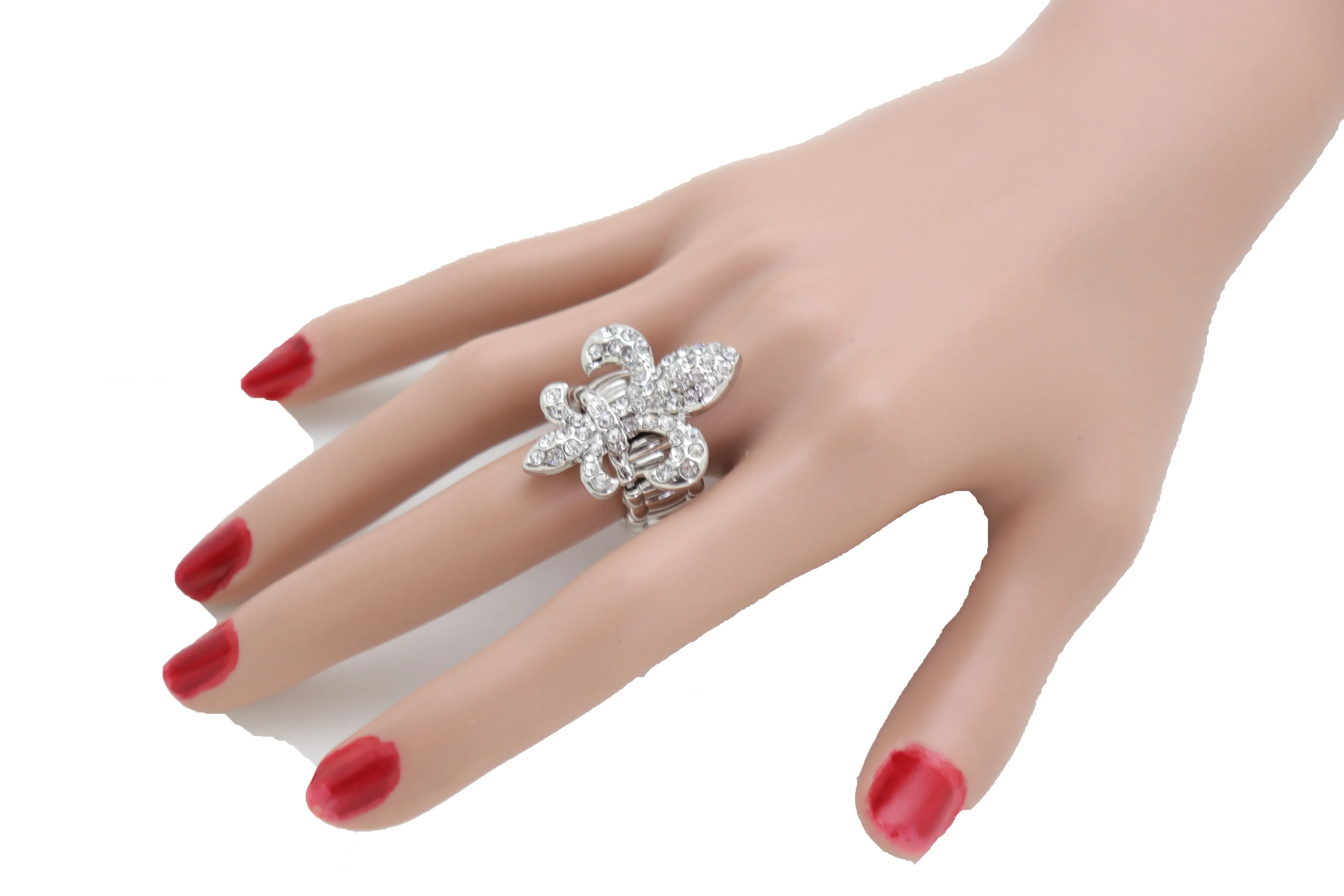 Rhinestone Fleur De Lis Lily Flower Elastic Band Ring