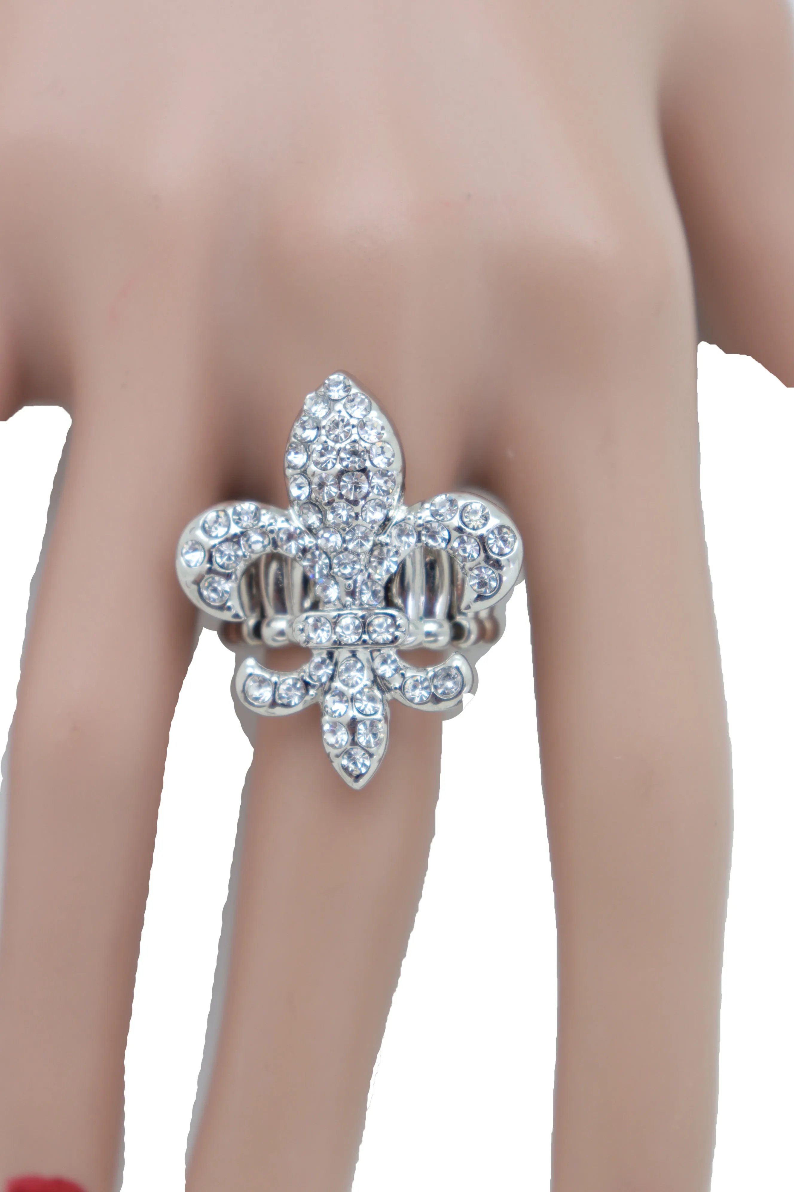 Rhinestone Fleur De Lis Lily Flower Elastic Band Ring