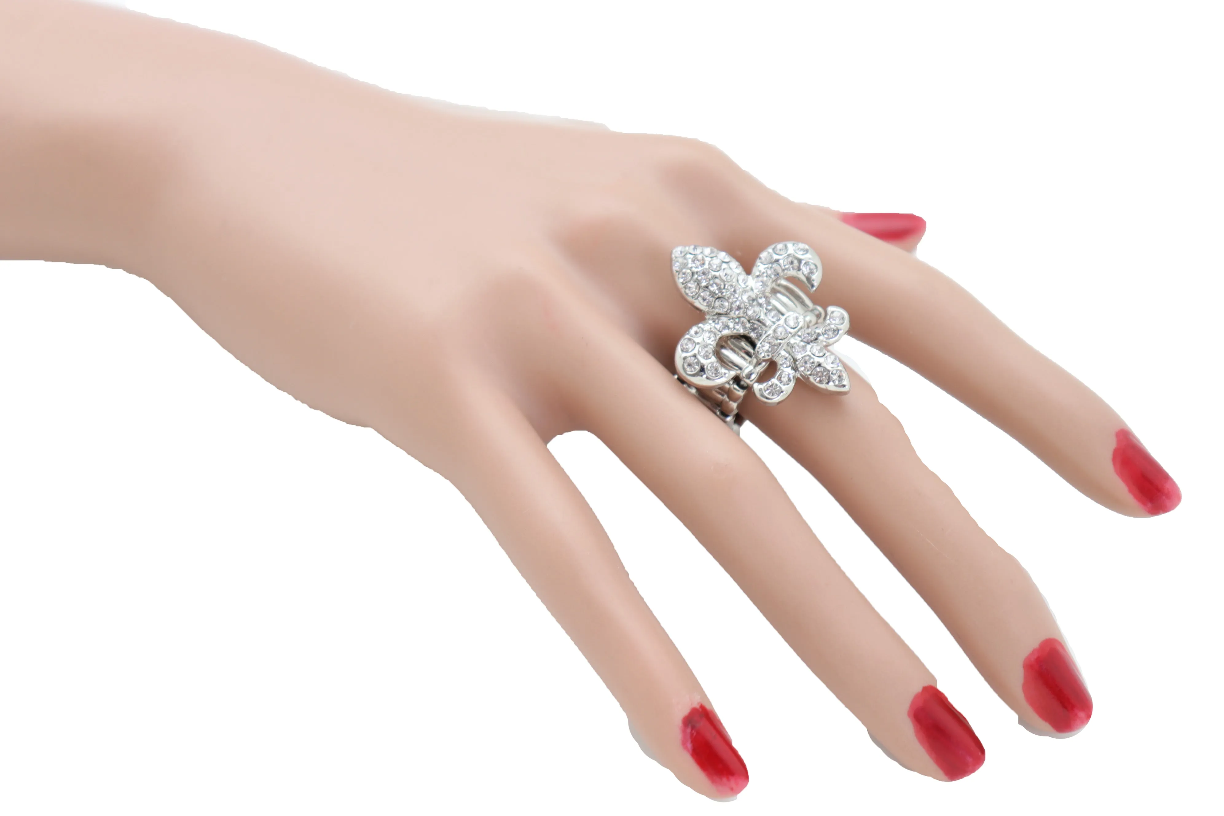 Rhinestone Fleur De Lis Lily Flower Elastic Band Ring