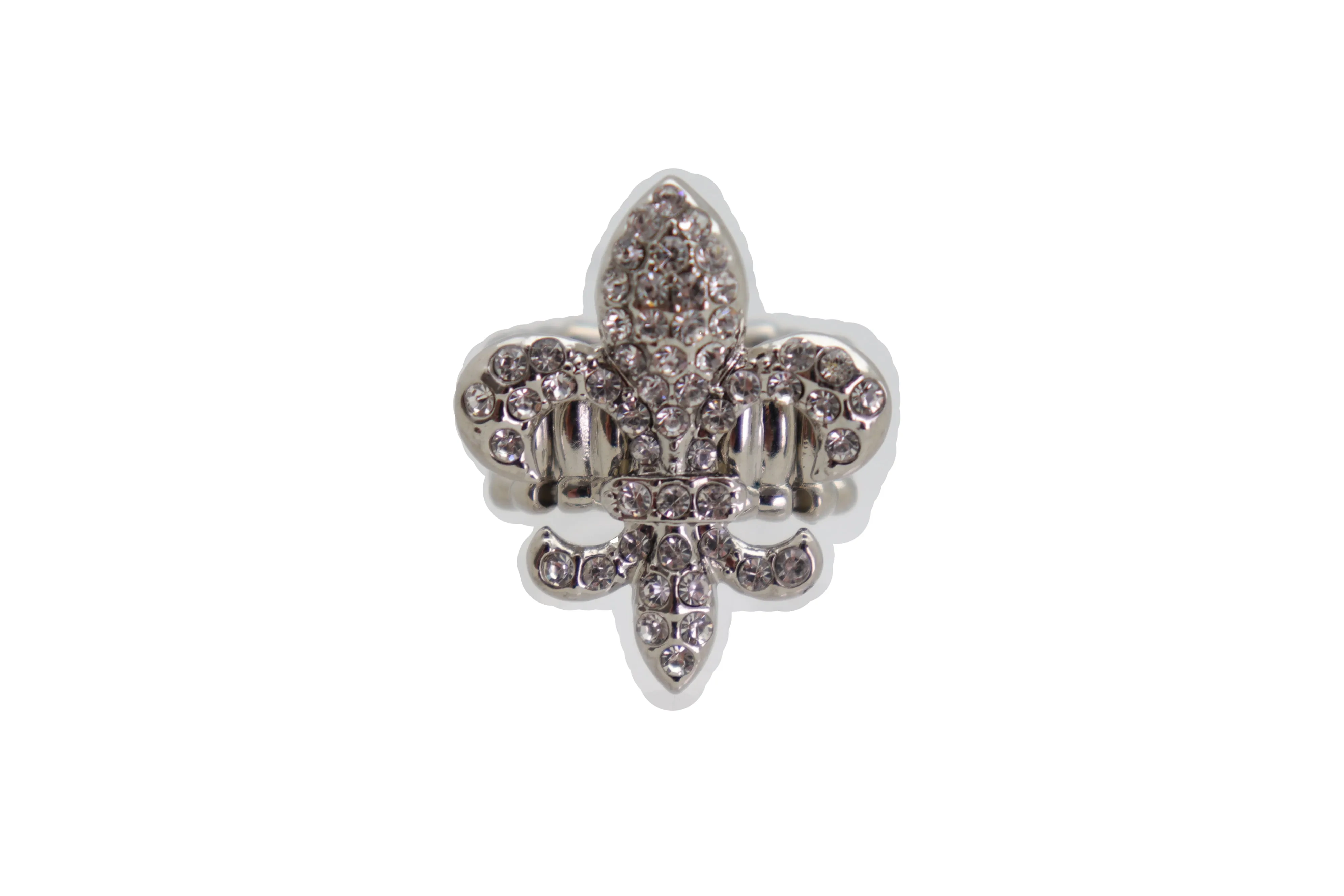 Rhinestone Fleur De Lis Lily Flower Elastic Band Ring