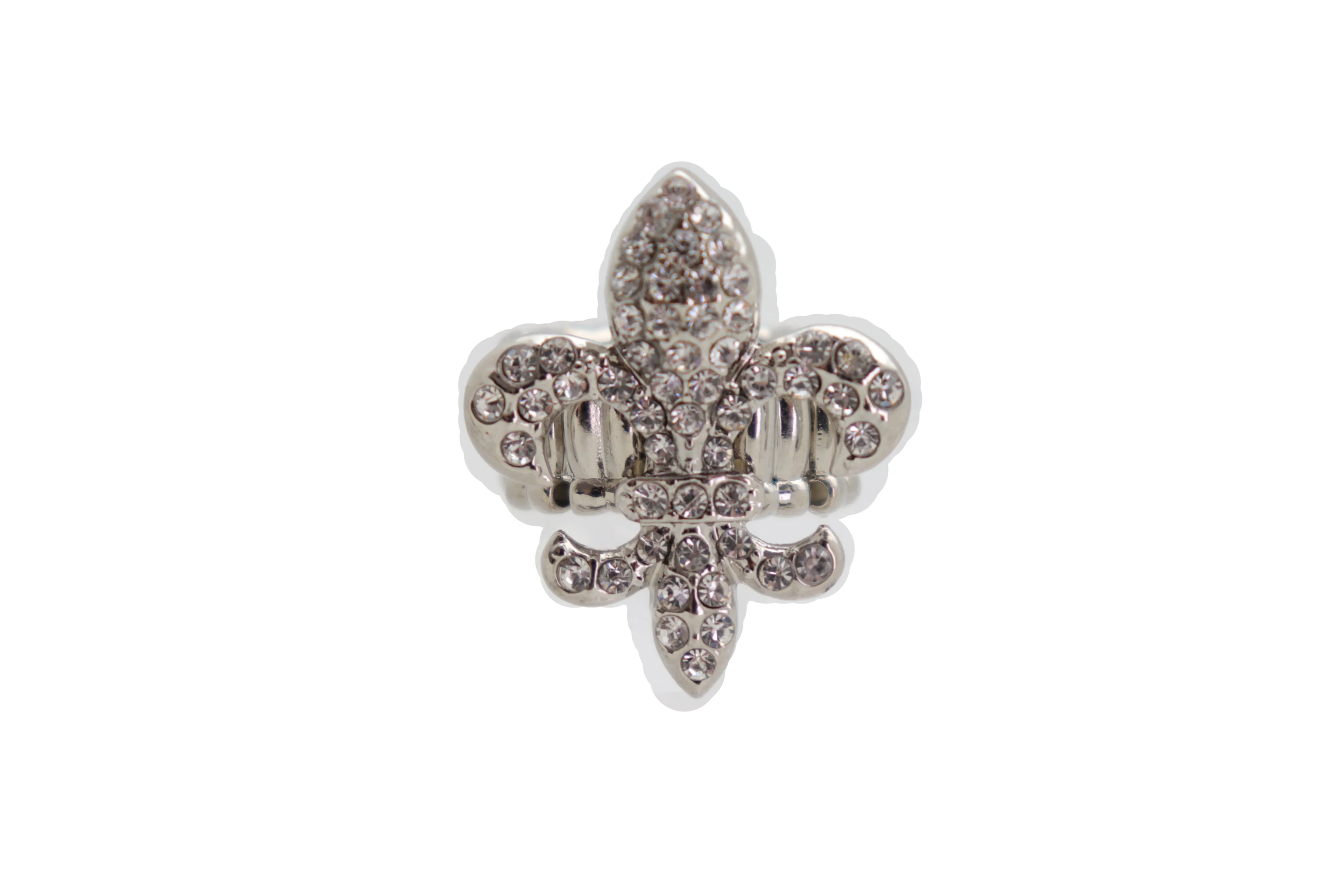 Rhinestone Fleur De Lis Lily Flower Elastic Band Ring