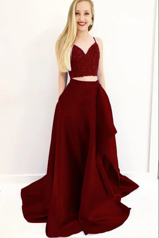 Royal Blue /Burgundy Two Piece Prom Dress,Satin Spaghetti Straps Prom Dress,Elegant Evening Dress