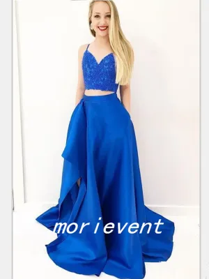 Royal Blue /Burgundy Two Piece Prom Dress,Satin Spaghetti Straps Prom Dress,Elegant Evening Dress