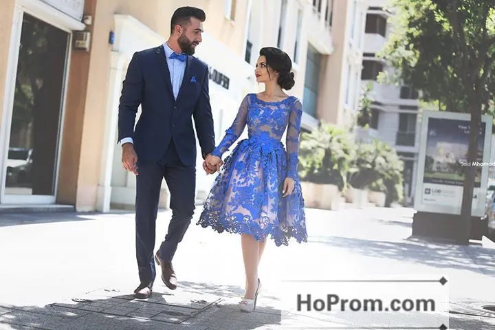 Royal Blue Knee Length Lace Prom Dresses Homecoming Dresses