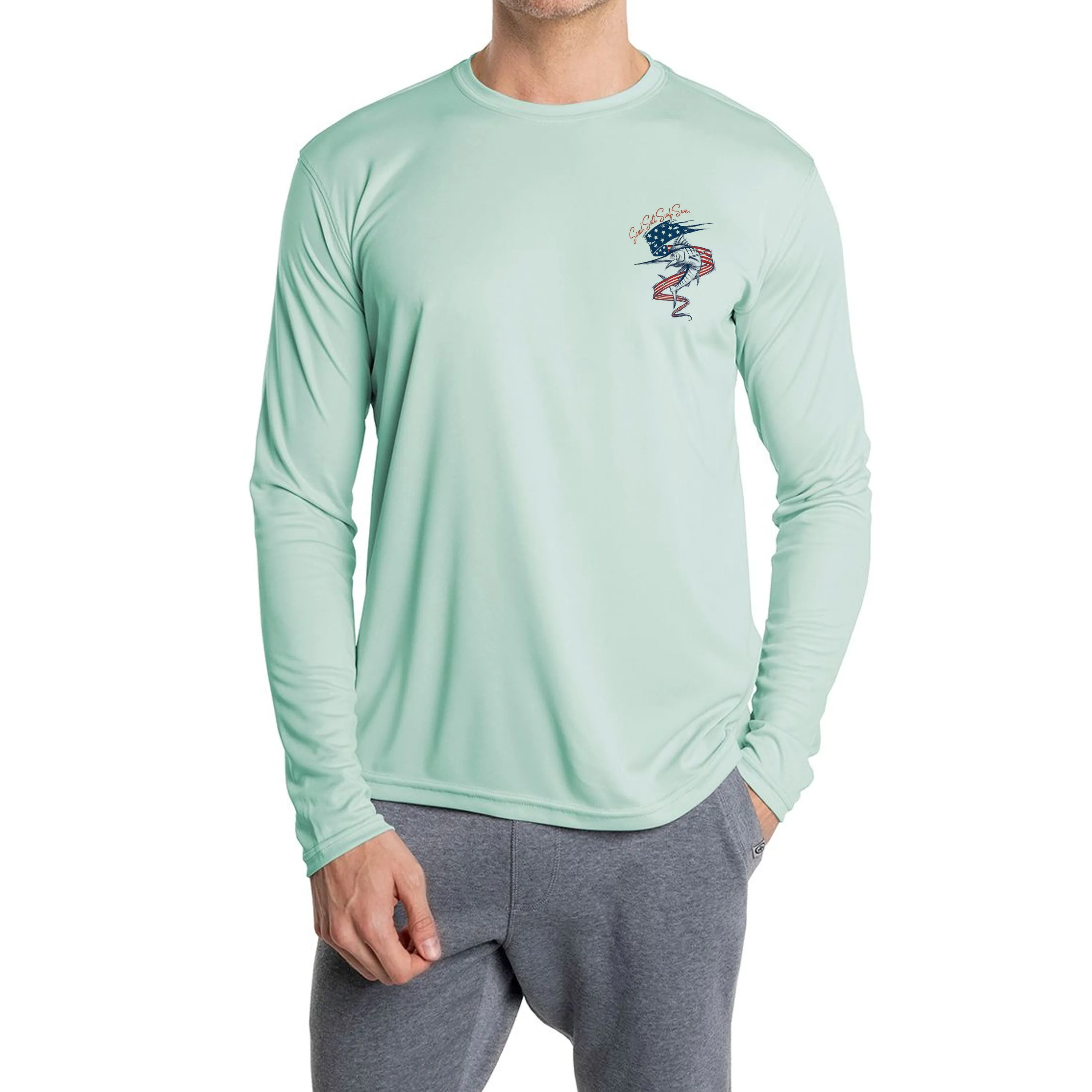 SAND.SALT.SURF.SUN. Flag Marlin Men's UPF 50  UV Sun Protection Performance Long Sleeve T-Shirt