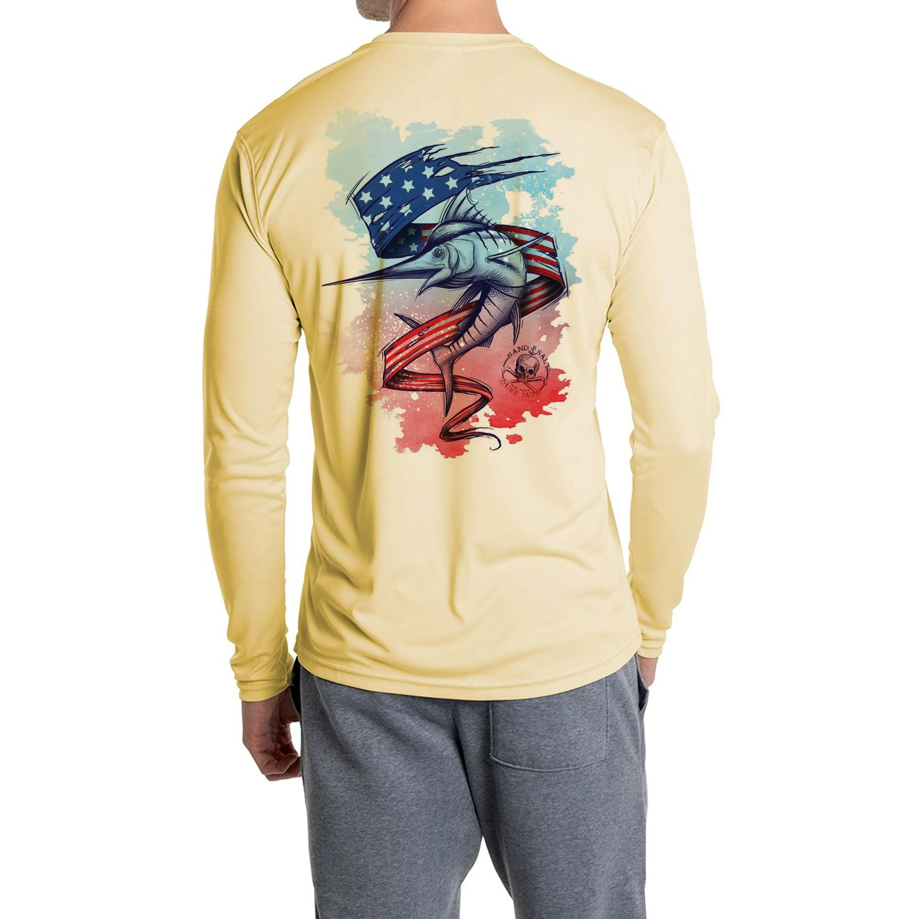 SAND.SALT.SURF.SUN. Flag Marlin Men's UPF 50  UV Sun Protection Performance Long Sleeve T-Shirt