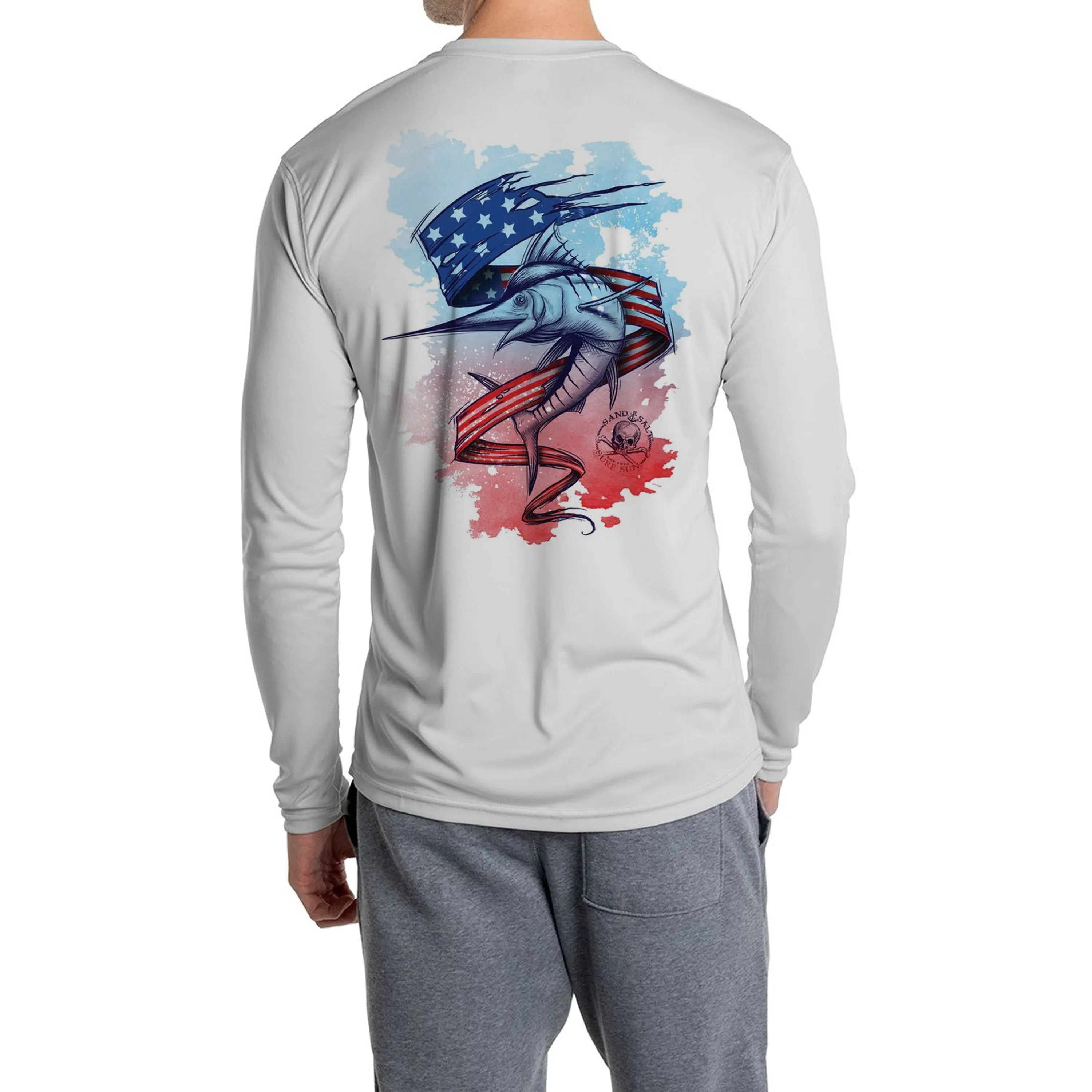 SAND.SALT.SURF.SUN. Flag Marlin Men's UPF 50  UV Sun Protection Performance Long Sleeve T-Shirt