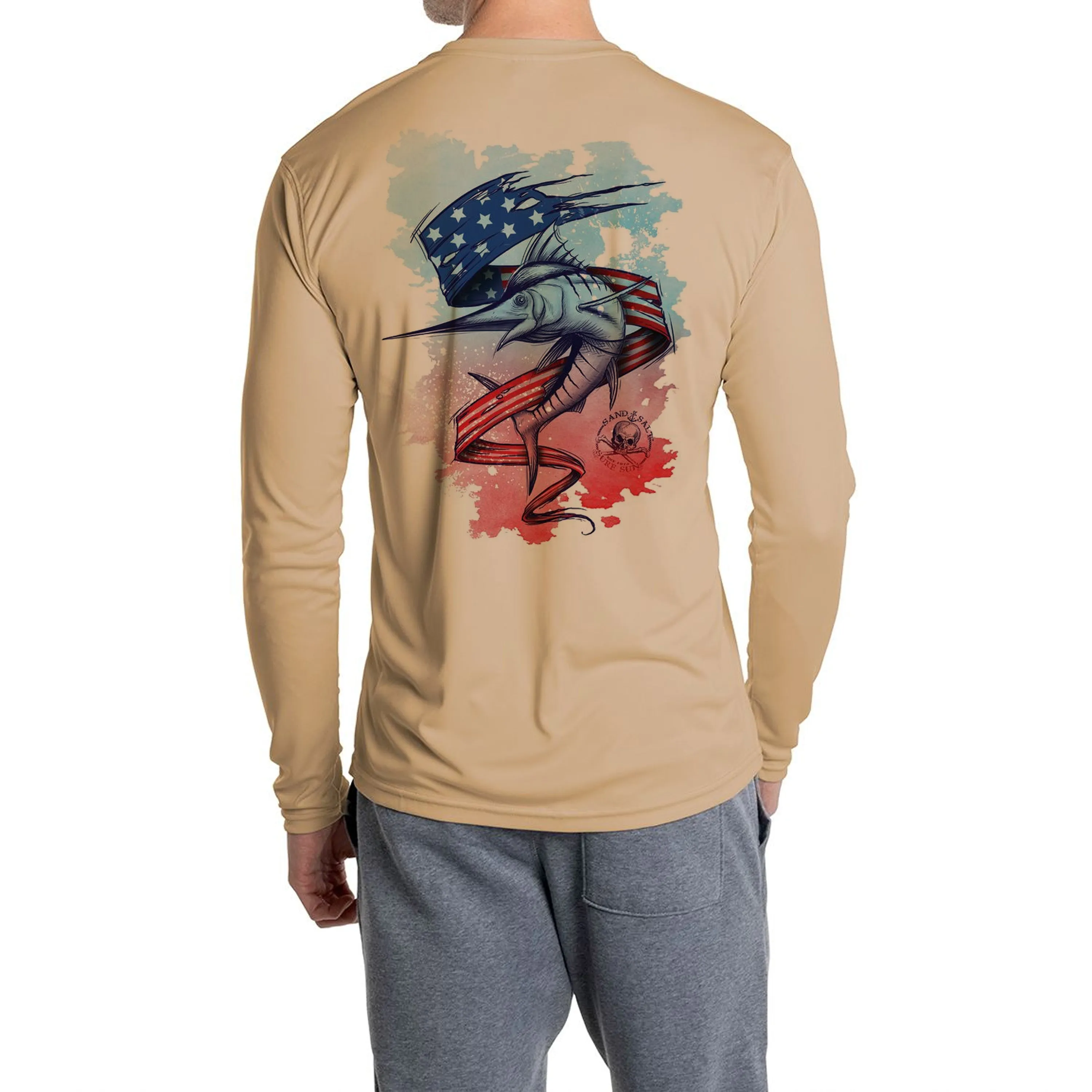 SAND.SALT.SURF.SUN. Flag Marlin Men's UPF 50  UV Sun Protection Performance Long Sleeve T-Shirt