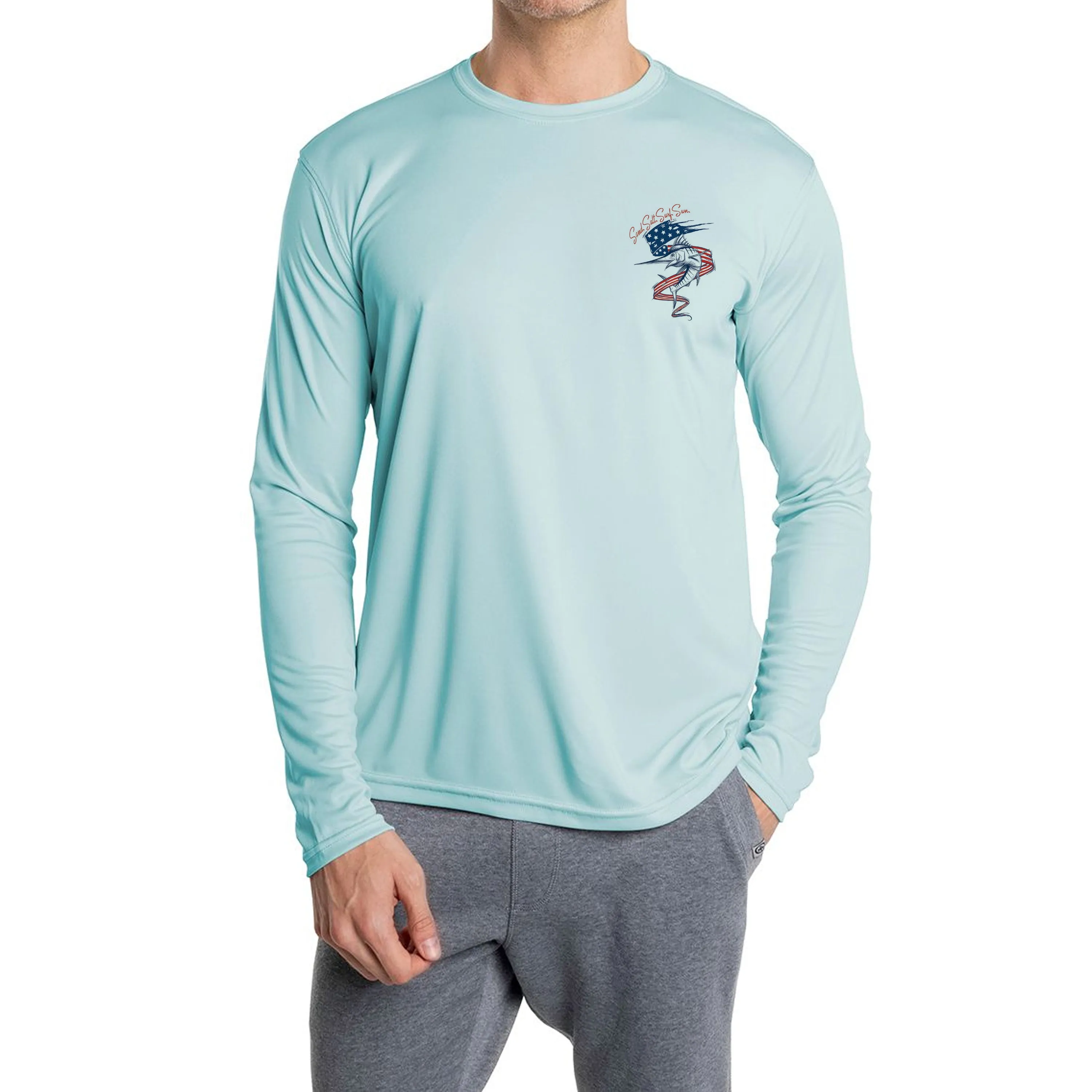 SAND.SALT.SURF.SUN. Flag Marlin Men's UPF 50  UV Sun Protection Performance Long Sleeve T-Shirt