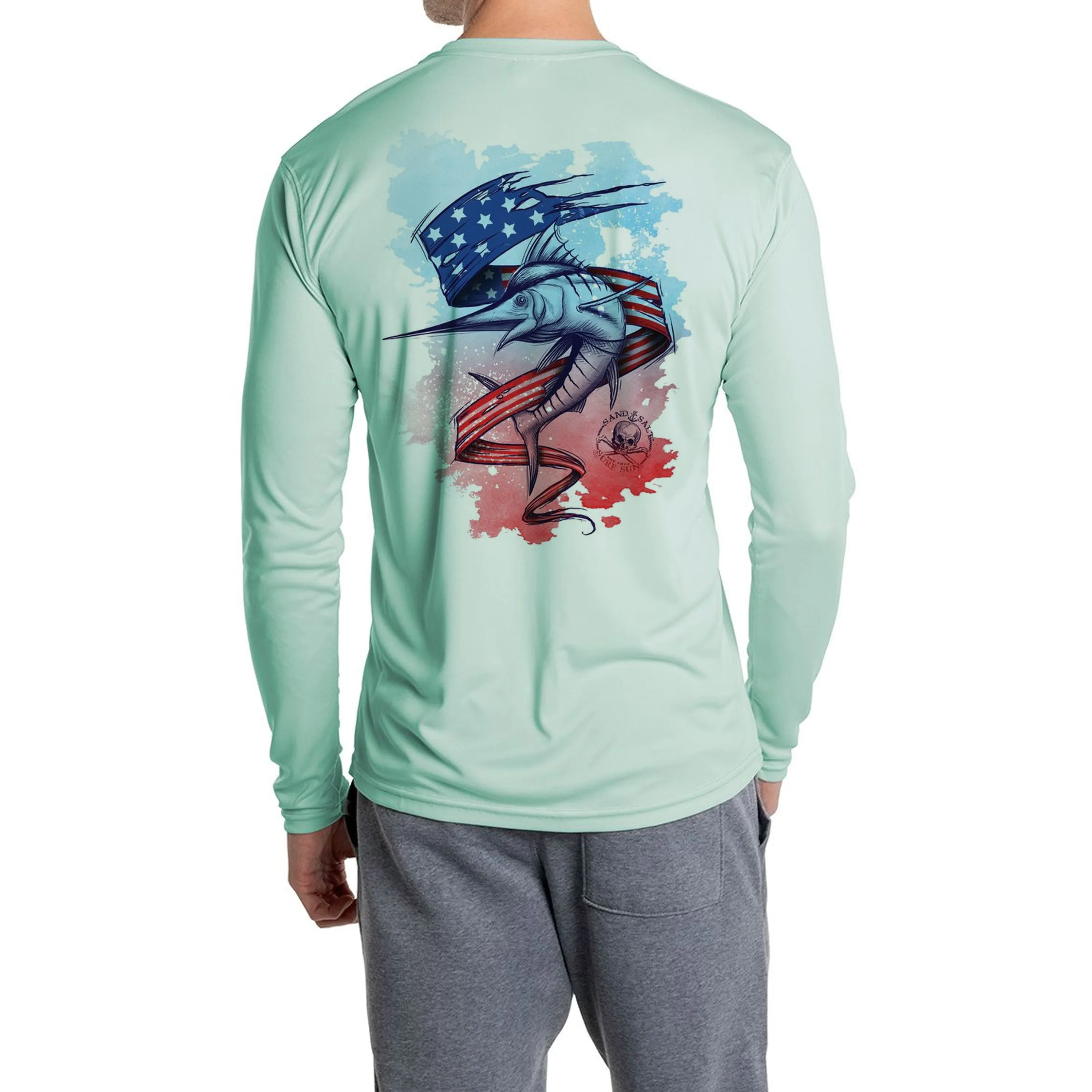 SAND.SALT.SURF.SUN. Flag Marlin Men's UPF 50  UV Sun Protection Performance Long Sleeve T-Shirt