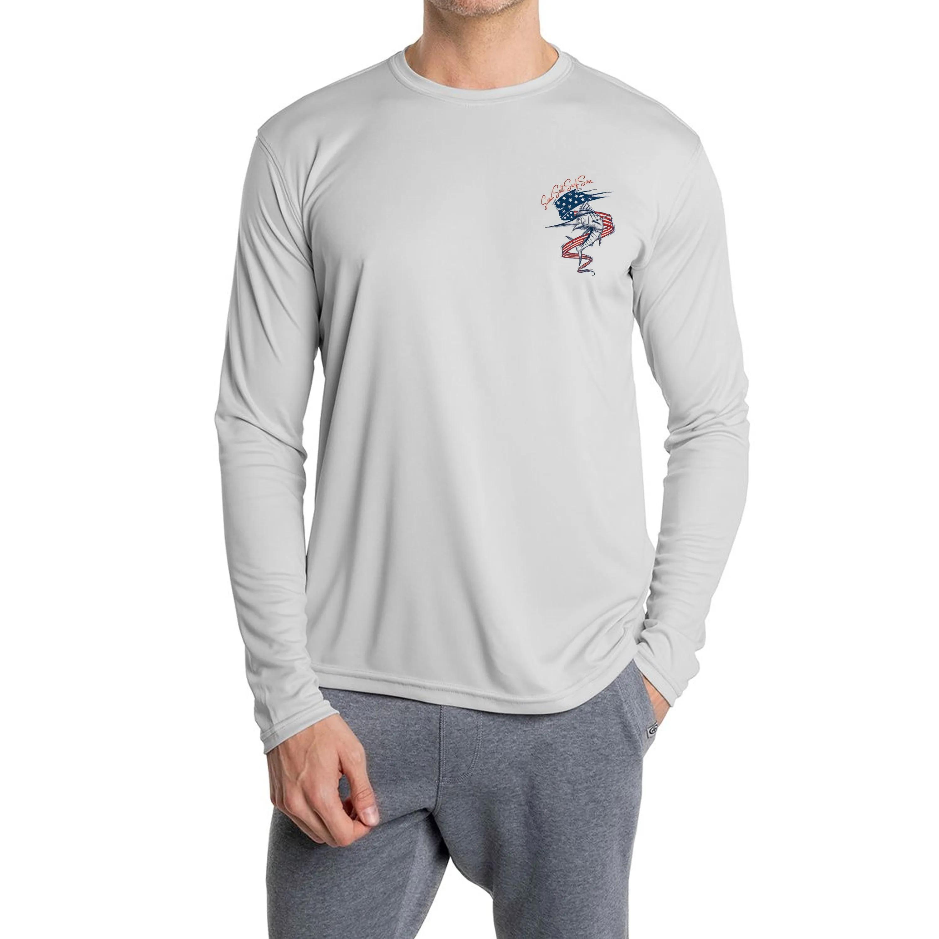 SAND.SALT.SURF.SUN. Flag Marlin Men's UPF 50  UV Sun Protection Performance Long Sleeve T-Shirt